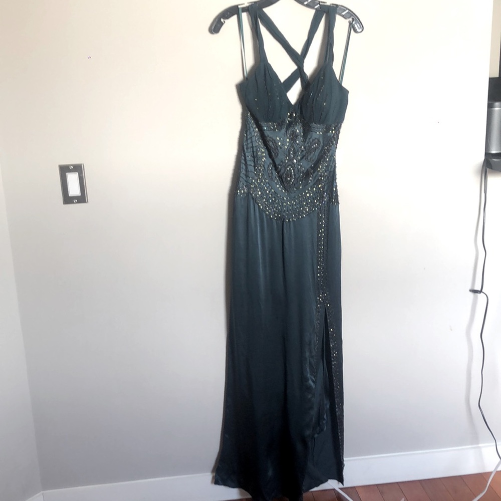 Sue Wong Nocturne beaded, maxi, silk dress with slit to knee